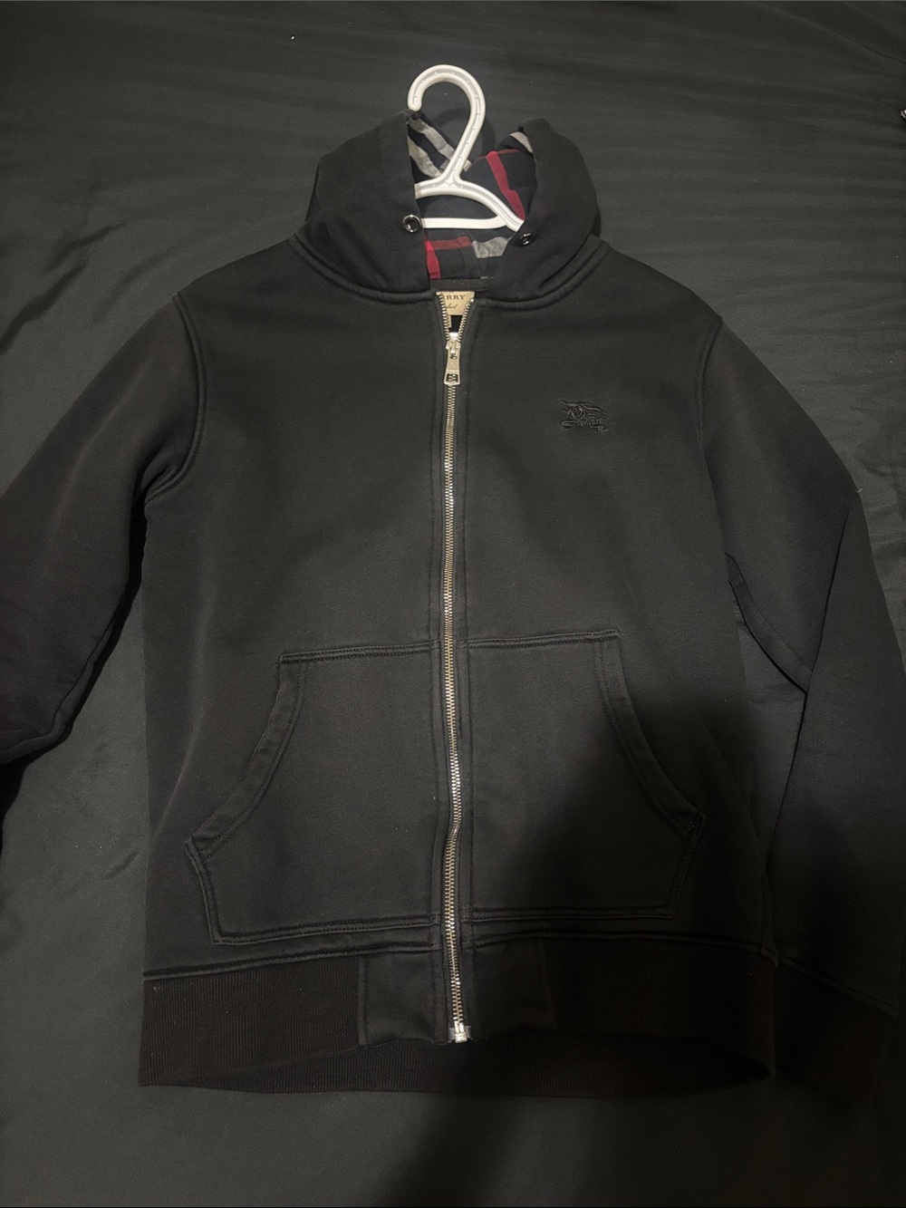 Burberry Black Men’s Zip-Up Puffer Hoodie with Signature Plaid Trim